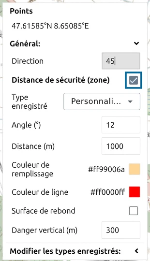 Liste des points de la position de tir de map.army avec la case 'Distance de sécurité (zone)' repérée et ses réglages