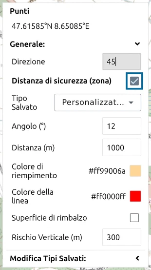 Elenco dei punti di map.army con la casella 'Distanza di sicurezza (zona)' contrassegnata e le sue impostazioni