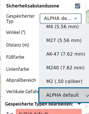 Liste der gespeicherten Typen in der map.army-Punktliste mit dem neuen, markierten Eintrag 'ALPHA default'