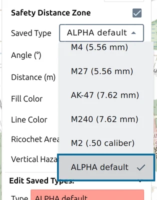 Saved Type list in the map.army point list with the new entry 'ALPHA default' marked