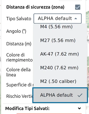 Lista Tipo Salvato nell'elenco dei punti di map.army con la nuova voce 'ALPHA default' contrassegnata
