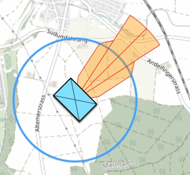 Safety Distance Zone pointing north-east from the firing position on the map.army map, with the ricochet area at its sides