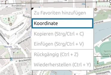 Eintrag 'Koordinate' im Kartenkontextmenü von map.army, geöffnet über dem Bundeshaus in Bern