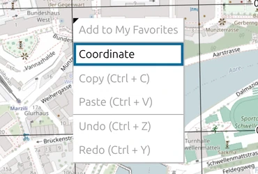 'Coordinate' entry in the map.army map context menu opened over the Federal Palace in Bern