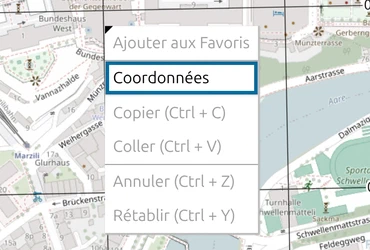 Entrée 'Coordonnées' du menu contextuel de la carte map.army ouvert sur le Palais fédéral de Berne