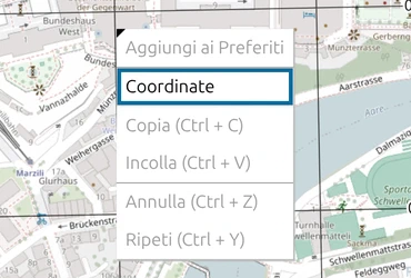 Voce 'Coordinate' nel menu contestuale della mappa di map.army aperto sul Palazzo federale di Berna