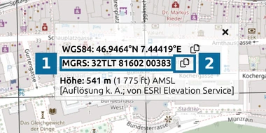 map.army-Koordinatenkarte mit den Zeilen WGS84 und MGRS für das Bundeshaus und je einer Schaltfläche Kopieren daneben