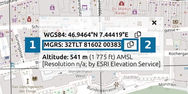 map.army coordinate card with the WGS84 and MGRS rows for the Federal Palace and a Copy button beside each