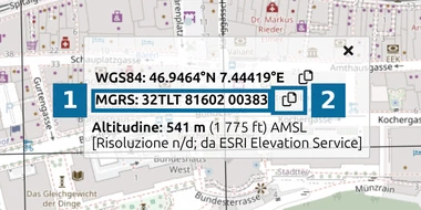 Scheda coordinate di map.army con le righe WGS84 e MGRS del Palazzo federale e un pulsante Copia accanto a ciascuna