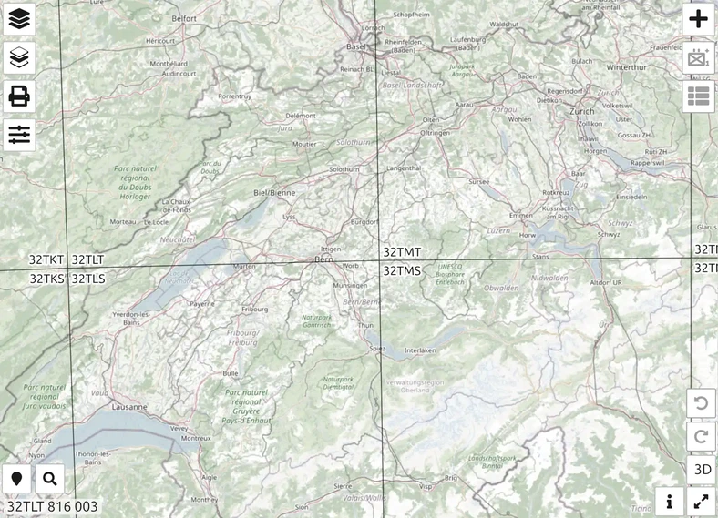 Carrés MGRS de 100 km étiquetés 32TLT, 32TMT et 32TKT autour de Berne dans la carte map.army