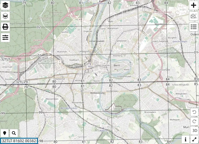 Lignes de grille MGRS de 1 km sur Berne dans map.army, avec la référence du curseur 32TLT 81602 00382 en bas à gauche