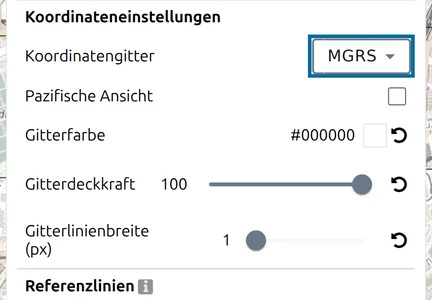 'Koordinatengitter' auf 'MGRS' gestellt unter 'Koordinateneinstellungen' im Optionen-Bereich von map.army