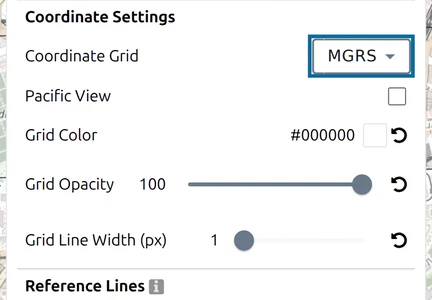 'Coordinate Grid' set to 'MGRS' under 'Coordinate Settings' in the map.army Options panel