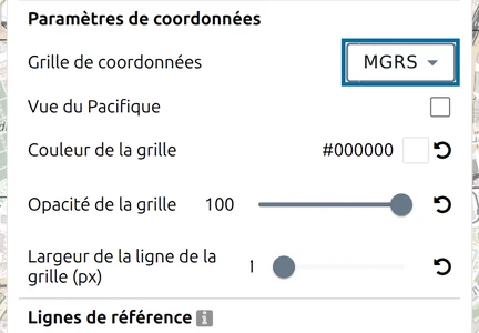 'Grille de coordonnées' réglée sur 'MGRS' sous 'Paramètres de coordonnées' dans le panneau Options de map.army