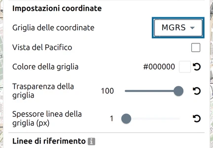 'Griglia delle coordinate' impostata su 'MGRS' sotto 'Impostazioni coordinate' nel pannello Opzioni di map.army