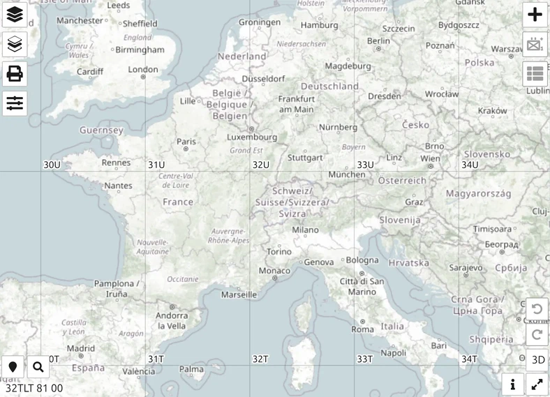 Désignateurs de zone de grille MGRS tels que 31T, 32T et 33T sur l'Europe occidentale dans la carte map.army