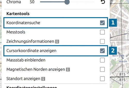'Koordinatensuche' und 'Cursorkoordinate anzeigen' eingeschaltet unter 'Kartentools' im Optionen-Bereich von map.army