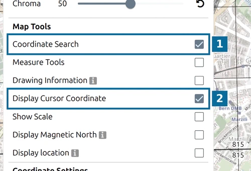 'Coordinate Search' and 'Display Cursor Coordinate' switched on under 'Map Tools' in the map.army Options panel