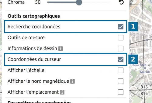 'Recherche coordonnées' et 'Coordonnées du curseur' activés sous 'Outils cartographiques' dans le panneau Options de map.army