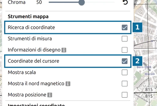 'Ricerca di coordinate' e 'Coordinate del cursore' attivate sotto 'Strumenti mappa' nel pannello Opzioni di map.army