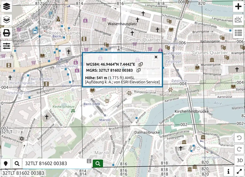 map.army-Karte, zentriert auf das Bundeshaus in Bern, mit der Koordinatenkarte der gesuchten MGRS-Referenz