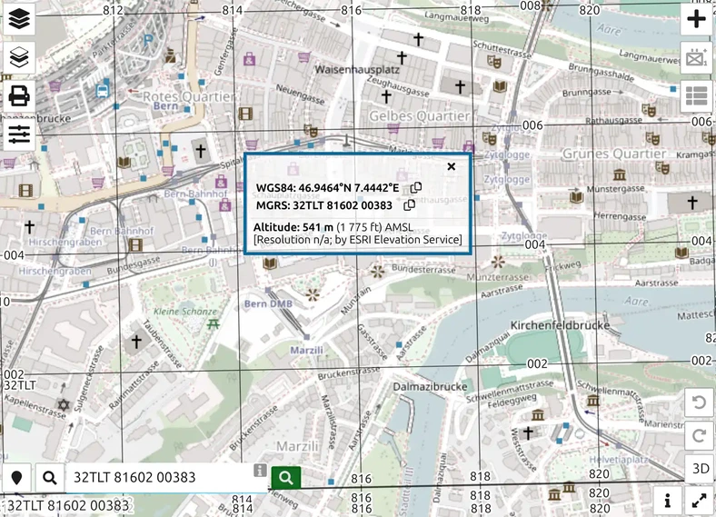 map.army map centred on the Federal Palace in Bern with the coordinate card of the searched MGRS reference