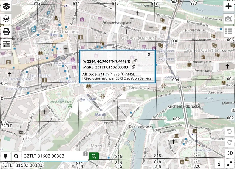 Carte map.army centrée sur le Palais fédéral de Berne avec la fiche de coordonnées de la référence MGRS recherchée