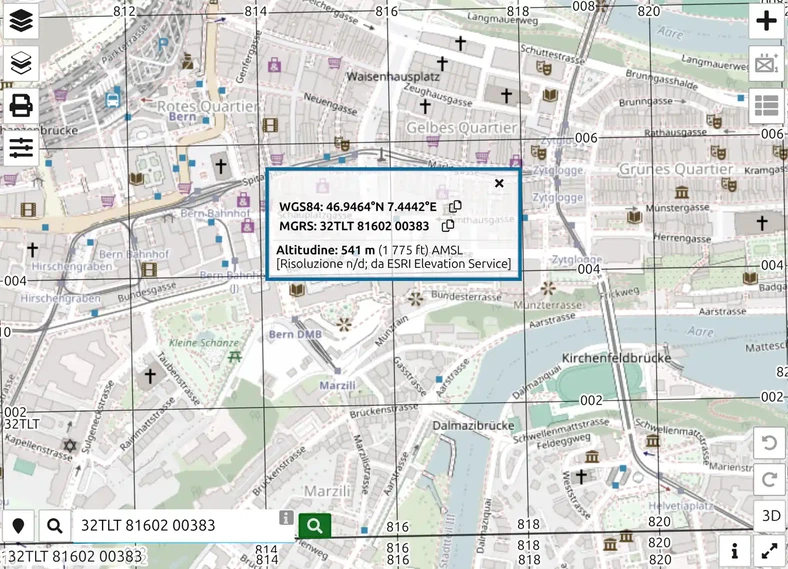 Mappa di map.army centrata sul Palazzo federale di Berna con la scheda coordinate del riferimento MGRS cercato