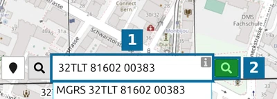 Champ de recherche de coordonnées sur la carte map.army avec 32TLT 81602 00383 saisi et le bouton de recherche