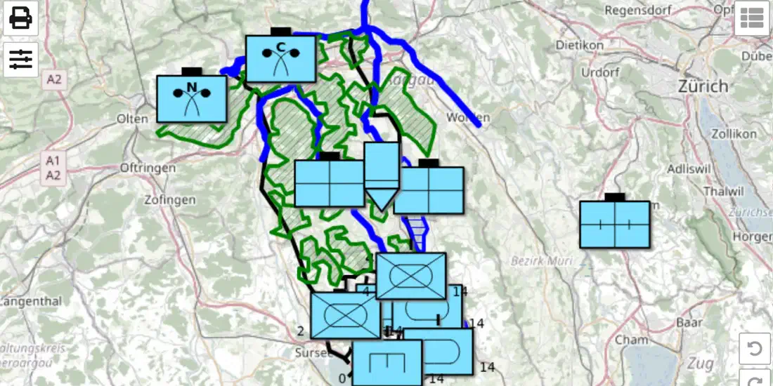 map.army main window: MIL-STD-2525 unit symbols and tactical graphics on a topographic map