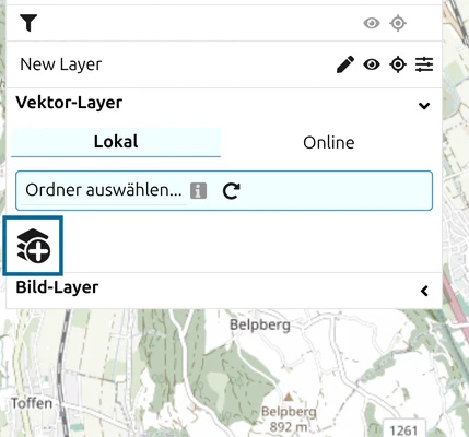 Gruppe «Vektor-Layer» im Layer-Panel von map.army, Reiter Lokal, mit hervorgehobener Schaltfläche «Layer hinzufügen»