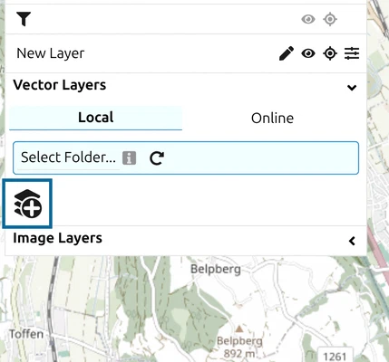 'Vector Layers' group in the map.army Layers panel, Local tab, with the Add Layer button marked