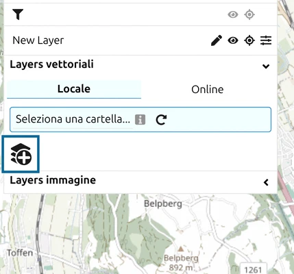 Gruppo 'Layer vettoriali' nel pannello Layer di map.army, scheda Locale, con il pulsante Aggiungi evidenziato