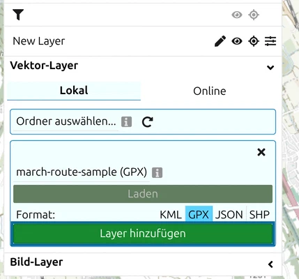 Vektor-Layer-Formular mit «march-route-sample (GPX)», hervorgehobenem Format GPX und grüner Schaltfläche «Layer hinzufügen»