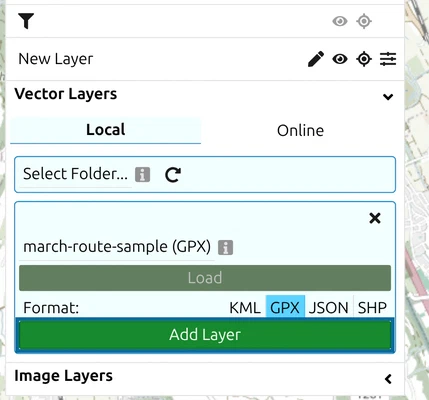 map.army vector layer form with 'march-route-sample (GPX)', the format GPX highlighted and the green 'Add Layer' button