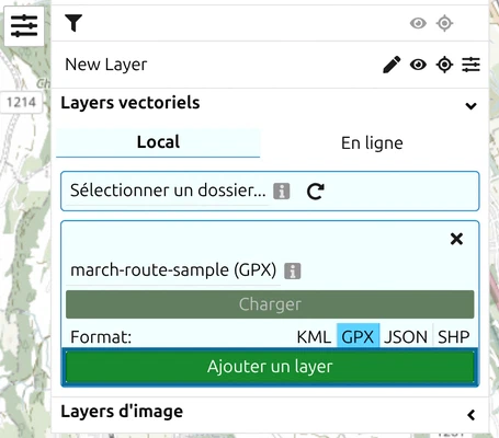 Formulaire de layer vectoriel avec 'march-route-sample (GPX)', le format GPX surligné et le bouton vert 'Ajouter un layer'
