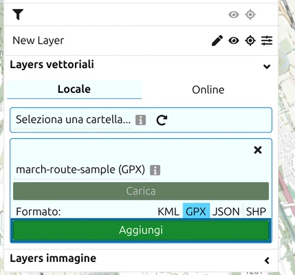 Modulo del layer vettoriale di map.army con 'march-route-sample (GPX)', formato GPX e pulsante verde 'Aggiungi'
