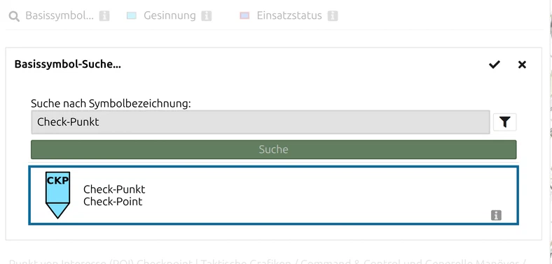 Dialog «Basissymbol-Suche...» in map.army mit eingegebenem «Check-Punkt» und hervorgehobenem Treffer «Check-Punkt»