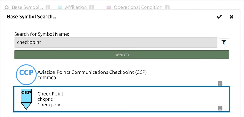 map.army 'Base Symbol Search...' dialog with 'checkpoint' typed in and 'Check Point' marked