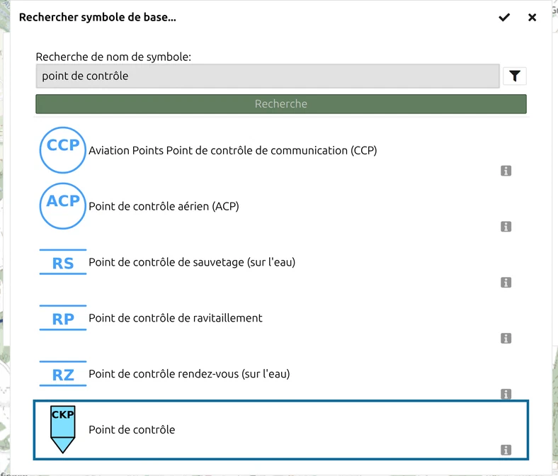 Dialogue 'Rechercher symbole de base...' de map.army avec 'point de contrôle' saisi et 'Point de contrôle' entouré