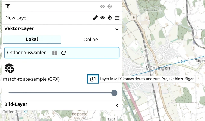 Vektor-Layer-Zeile mit Tooltip «Layer in MilX konvertieren und zum Projekt hinzufügen» an der Konvertieren-Schaltfläche