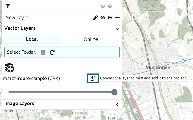 Vector layer row in map.army with the tooltip 'Convert the layer to MilX and add it to the project' on the convert button