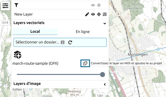 Ligne du layer vectoriel dans map.army avec l'infobulle 'Convertissez le layer en MilX et ajoutez-le au projet' sur le bouton