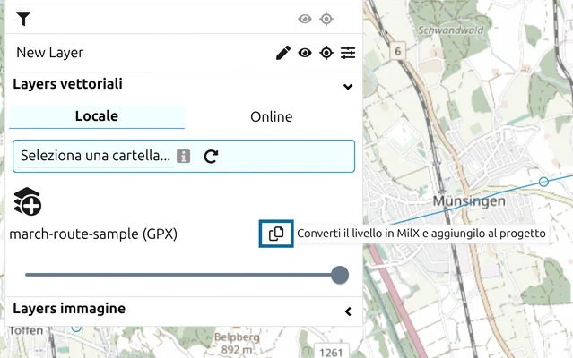 Layer vettoriale in map.army con il suggerimento 'Converti il layer in MilX e aggiungilo al progetto'