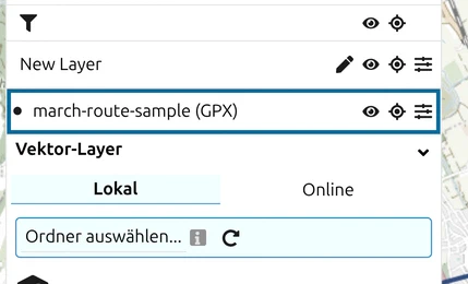Neuer MilX-Layer «march-route-sample (GPX)» in der Layer-Liste von map.army nach der Umwandlung