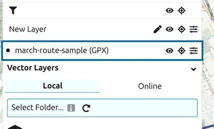 New MilX layer 'march-route-sample (GPX)' in the map.army layer list after the conversion