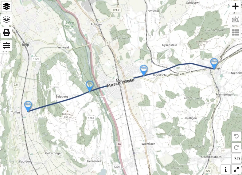 Itinéraire de marche converti près de Münsingen sur la carte map.army, avec ses points de passage comme symboles