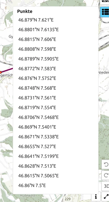 Punktliste der umgewandelten Marschroute in map.army mit den Zeilen «Punkt 1» bis «Punkt 18»