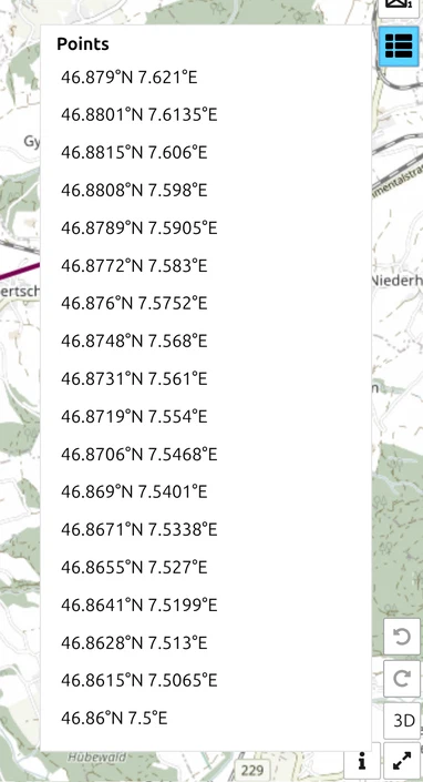 Liste des points de l'itinéraire de marche converti dans map.army, avec les lignes 'Point 1' à 'Point 18'