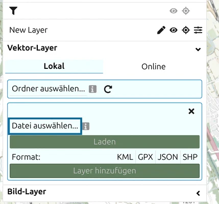 Formular für Vektor-Layer in map.army mit hervorgehobenem «Datei auswählen...»